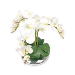 Arranjo de 3 Orquídeas Branca com Miolo Amarelo com Vaso Espelhado Prata Artificial