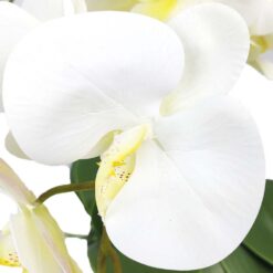 Arranjo de 3 Orquídeas Branca com Miolo Amarelo com Vaso Espelhado Prata Artificial