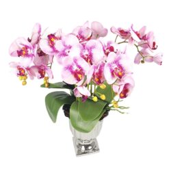 Arranjo de 6 Orquídeas Rosa com Vaso Cerâmica Prata Artificial