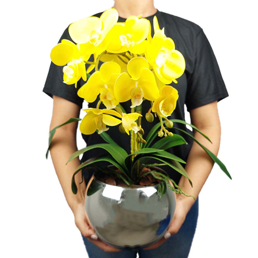 Arranjo de 2 Orquídeas Amarelo com Vaso Espelhado Prata Artificial -  Brasfama Decorações