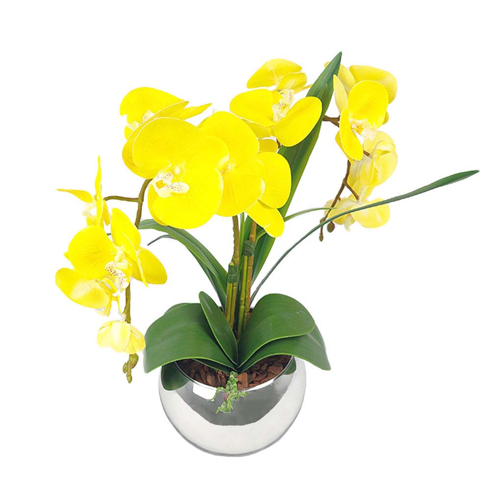 Arranjo de 2 Orquídeas Amarelo com Vaso Espelhado Prata Artificial -  Brasfama Decorações