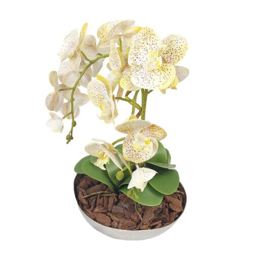 Arranjo de 2 Orquídeas Amarelo com Pintas com Vaso de Alumínio Pratacom vaso  de aluminio prata Artificial - Brasfama Decorações