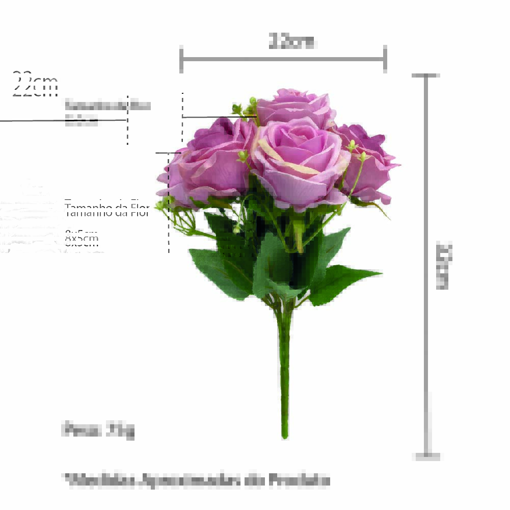 Buquê Rosas Flor Artificial Decoração Casamento 32cm - Brasfama Decorações