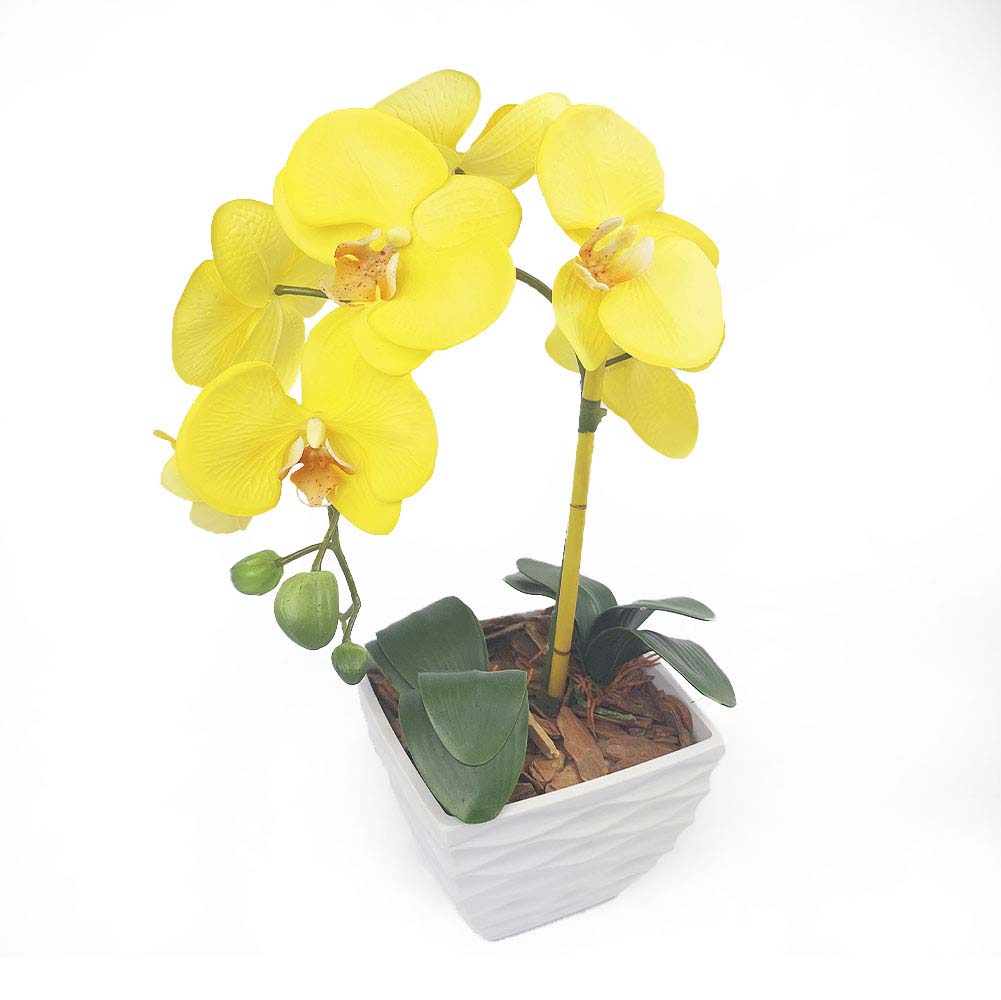Arranjo de Orquídea Amarela Vaso de Plástico Branco Artificial - Brasfama  Decorações