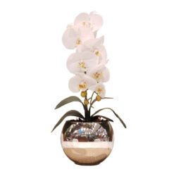 Arranjo de Orquídea Branca Vaso Esférico Pequeno Espelho 18cm