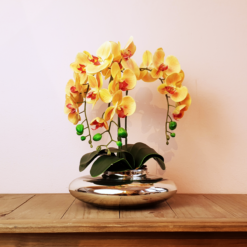 Arranjo De 3 Orquídeas Laranja Vaso Terrário Prata Espelhado
