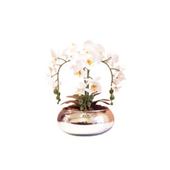 Mini Arranjo de 3 Orquídeas Brancas no Vaso Lagoon Prata Espelhado PP