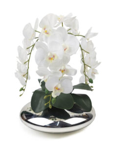 Arranjo de 3 Orquídeas Brancas Vaso Terrário Médio Espelhado 30cm