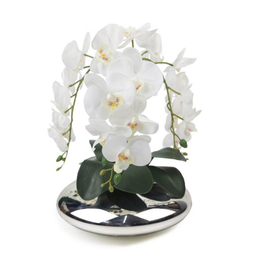 Arranjo de 3 Orquídeas Brancas Vaso Terrário Médio Espelhado 30cm