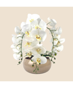 Arranjo de 3 Orquídeas Brancas Vaso Lagoon Pequeno Nude 23cm