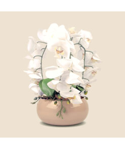 Arranjo de 3 Orquídeas Brancas Vaso Lagoon Pequeno Nude 23cm